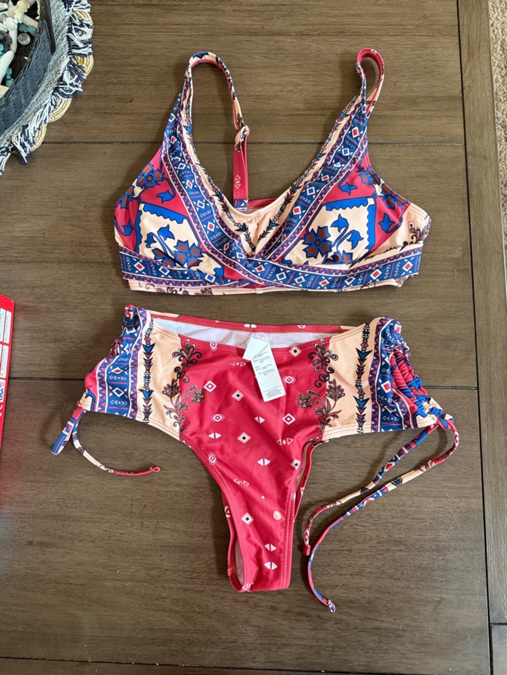 Red & Blue Patterned Two-Piece Bikini